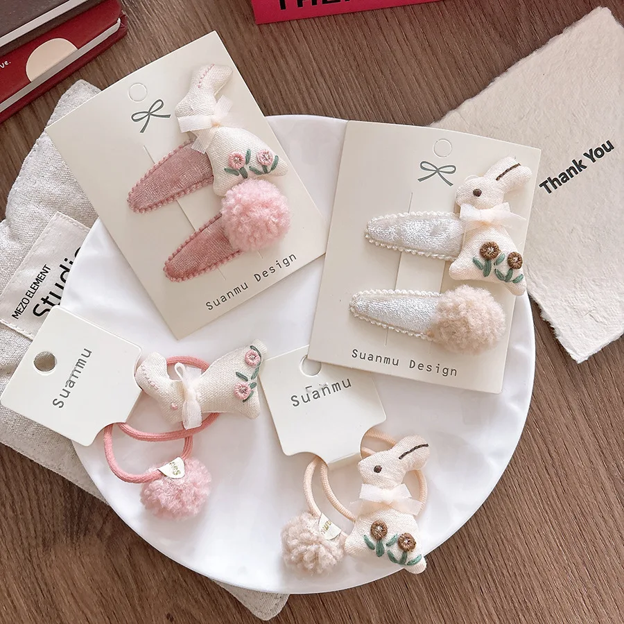 Vintage Princess Style Golden Velvet Embroidery Rabbit Pom Pom Hair Clips Set Girls Pink Side BB Clips Korean Cute Pet Style
