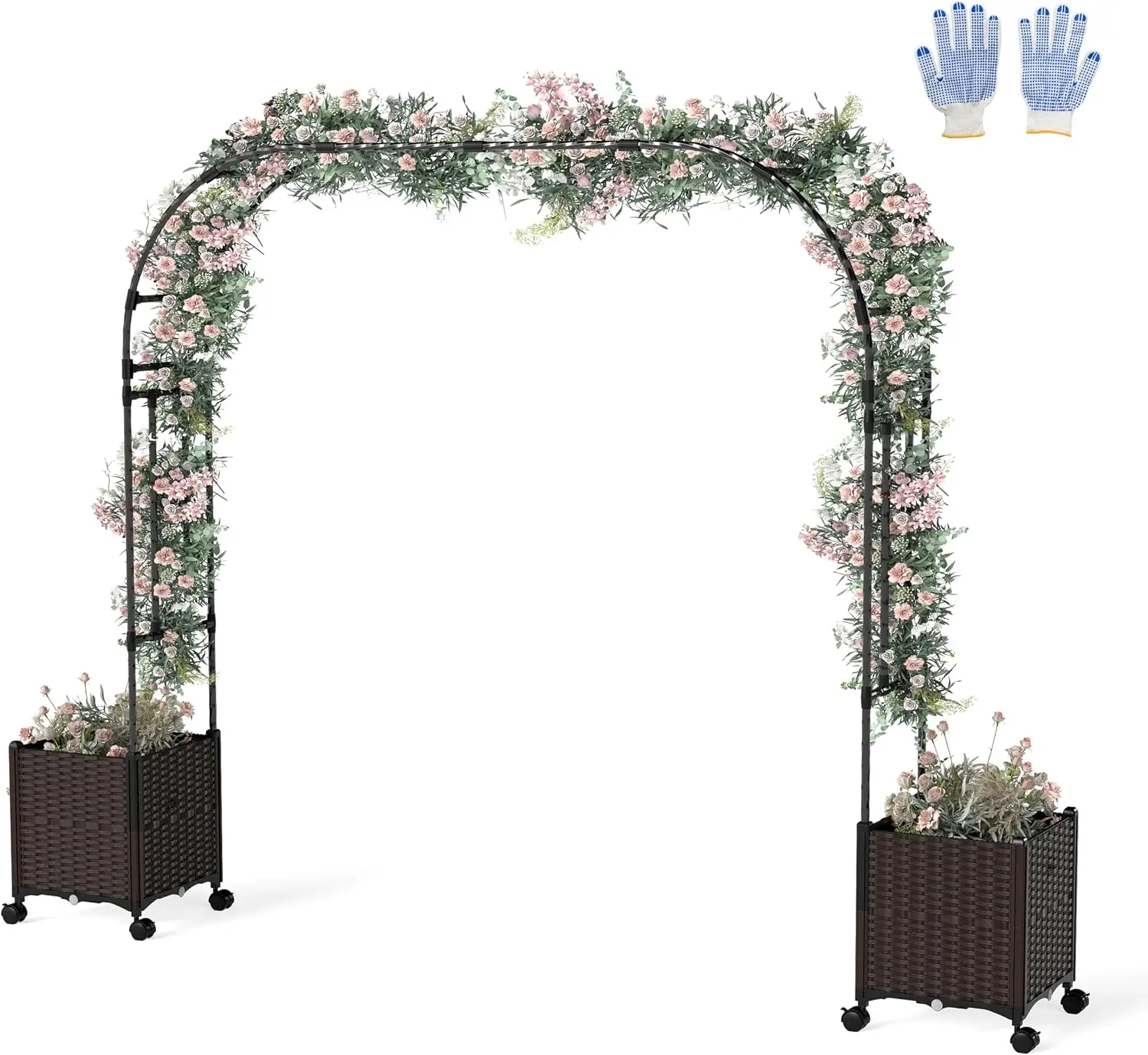 6.6 FT Outdoor Metal Garden Arbor Arch Trellis with Planter Boxes for Climbing Plants, Self-Watering System and Drainage Design, Lockable Wheels, Backyard Patio Wedding Decor Archway