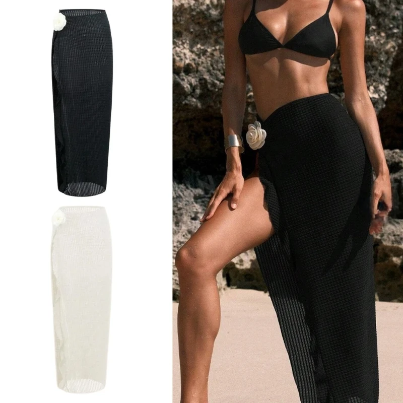 

Women Long Skirt 3D Flower Beach Skirt Swimsuit Cover Up Wrap Skirts Sexy Side Slit Split Skirt for Beachwear Party