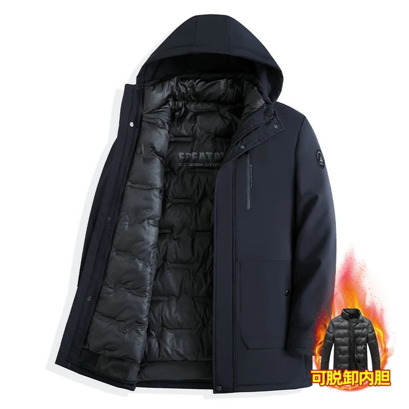 

High End Men's Down Jacket Luxury Business Warm Cotton Jackets Detachable Hat+inner Liner for Male Thick Winter Long Clothes