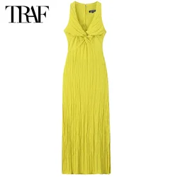 TRAF Women's Solid Sleeveless Summer Sundresses Yellow Wrinkle Effect Dress Elegant Midi V-Neck Knot Long Vestidos Resort Dress