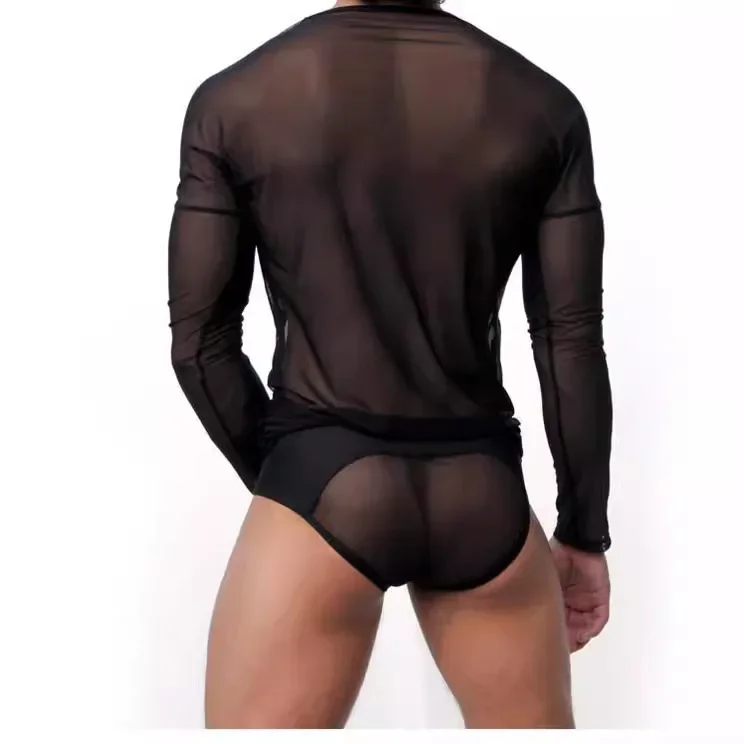 Transparent Sexy Long Sleeve Top Men\'s See-through Mesh Underwear Men\'s  Sexy Pajamas Comfortable Wear