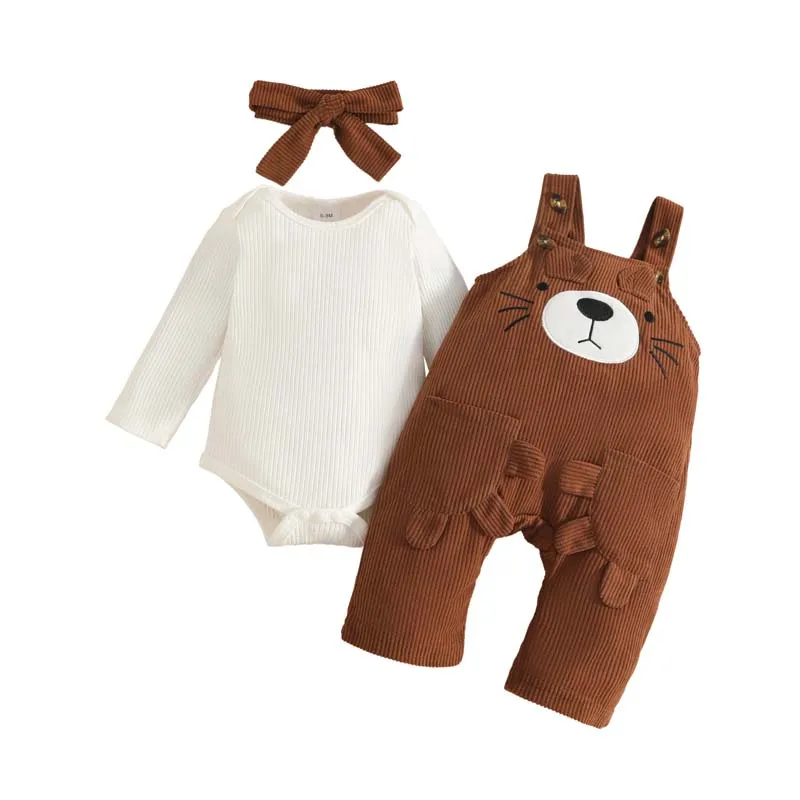 

Autumn Baby Boys Girls Clothes Sets 0–18 Months Long Sleeves Bodysuits+Brown Cute Bear Braces Trousers+Hairband Newborn Outfits
