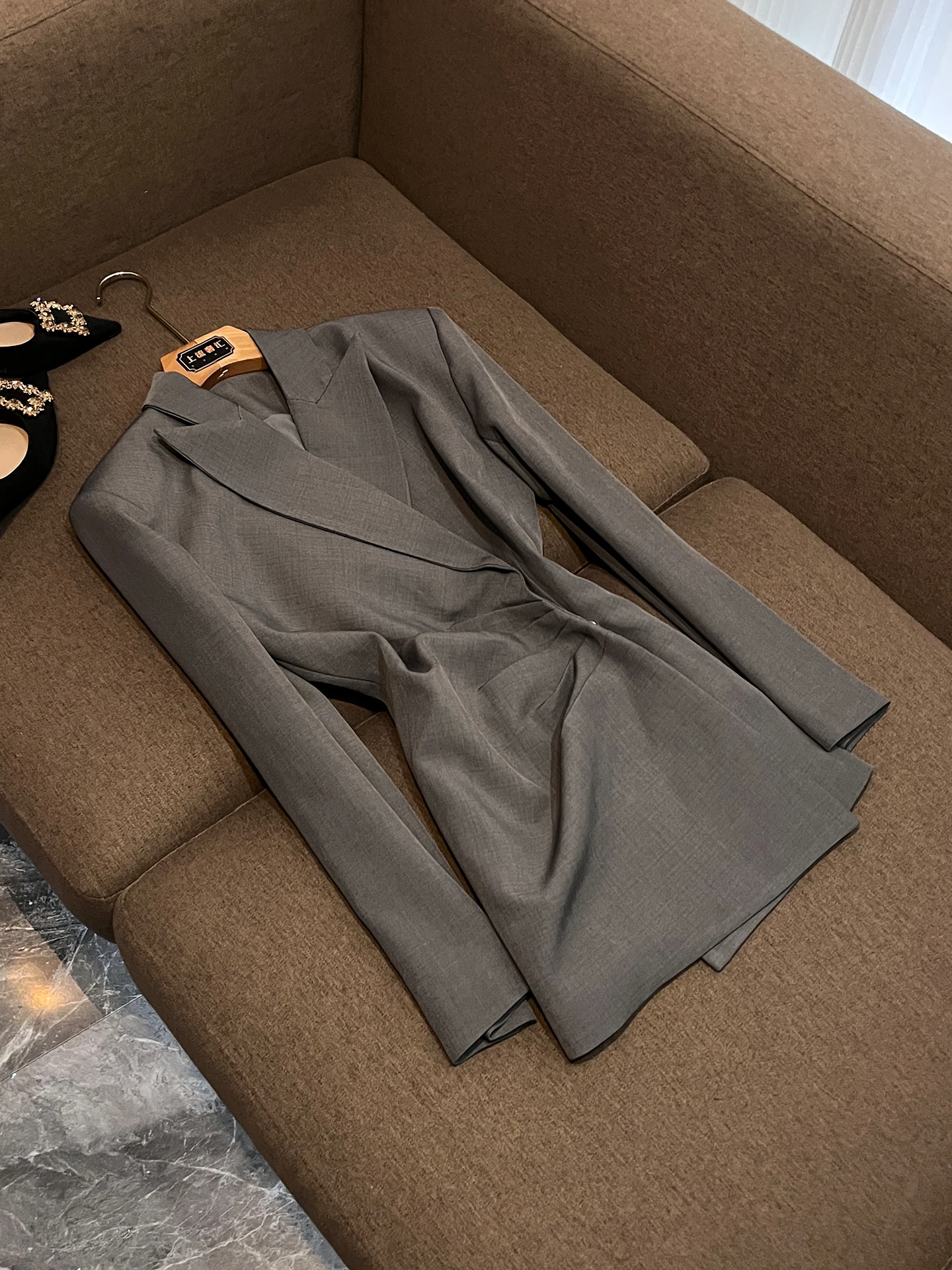 

Gray Suit Dress Women's Waist-Cinching Slimming Midi-Length Office Wear Casual Chic Style Polyester Fiber Long Sleeve P329