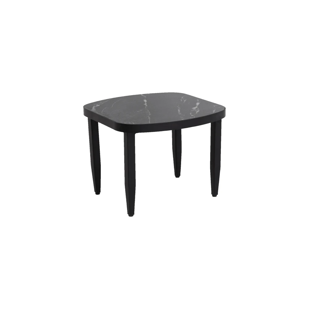 Modern Outdoor Elegance Arc 23.6''Side Table with Black Marble-Inspired Sintered Stone Top, Aluminum Frame,Ember Black Finish, Post Tapered Legs & Rounded Corners,Weatherproof & Rust-Free