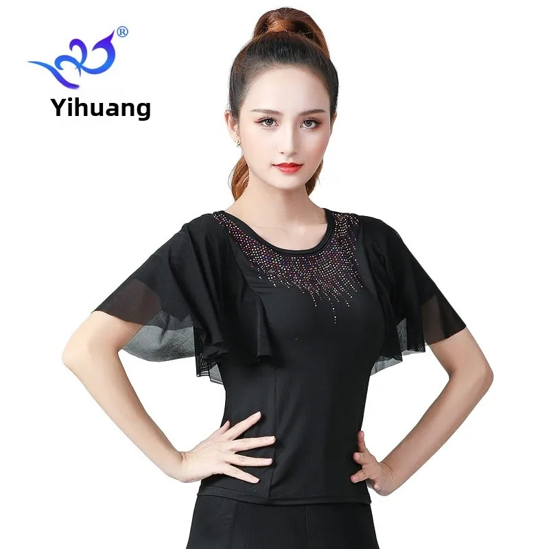 Haut de danse carré pour femmes, rond Ne ort Sve, vêtements de danse à la mode, support moderne, vêtements de pratique sociale latine