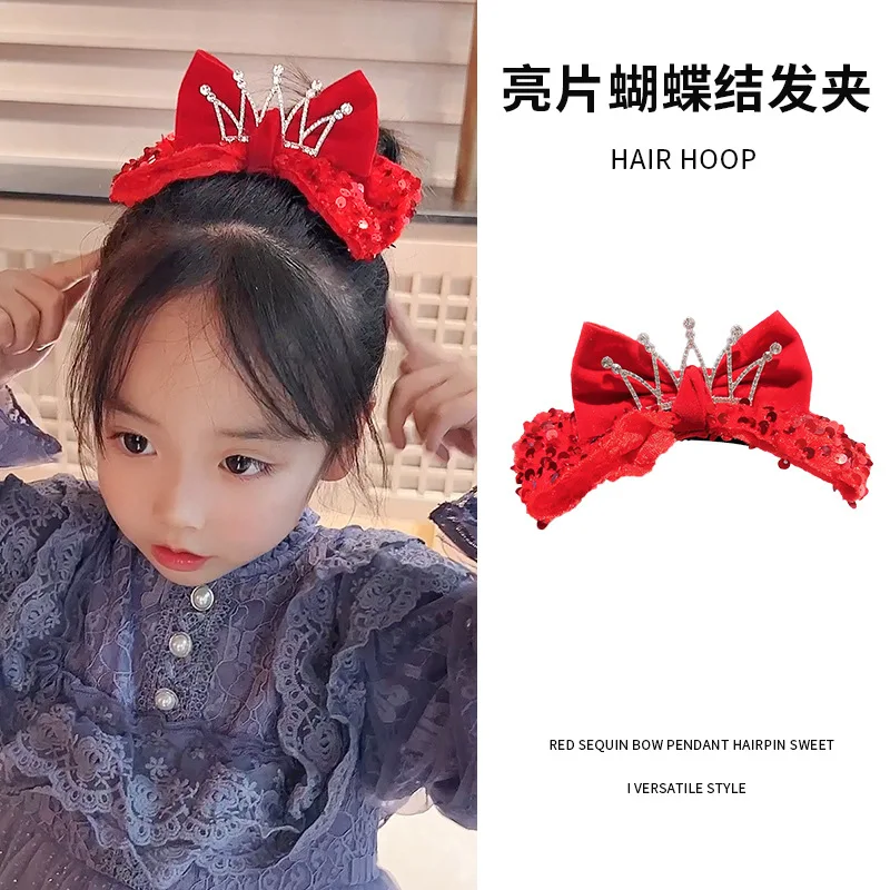 Princess Crown Children\'s Hair Clip Sequins New Year Red Big Bow Top Clip Girl\'s Birthday Headwear 3D Hair Clip