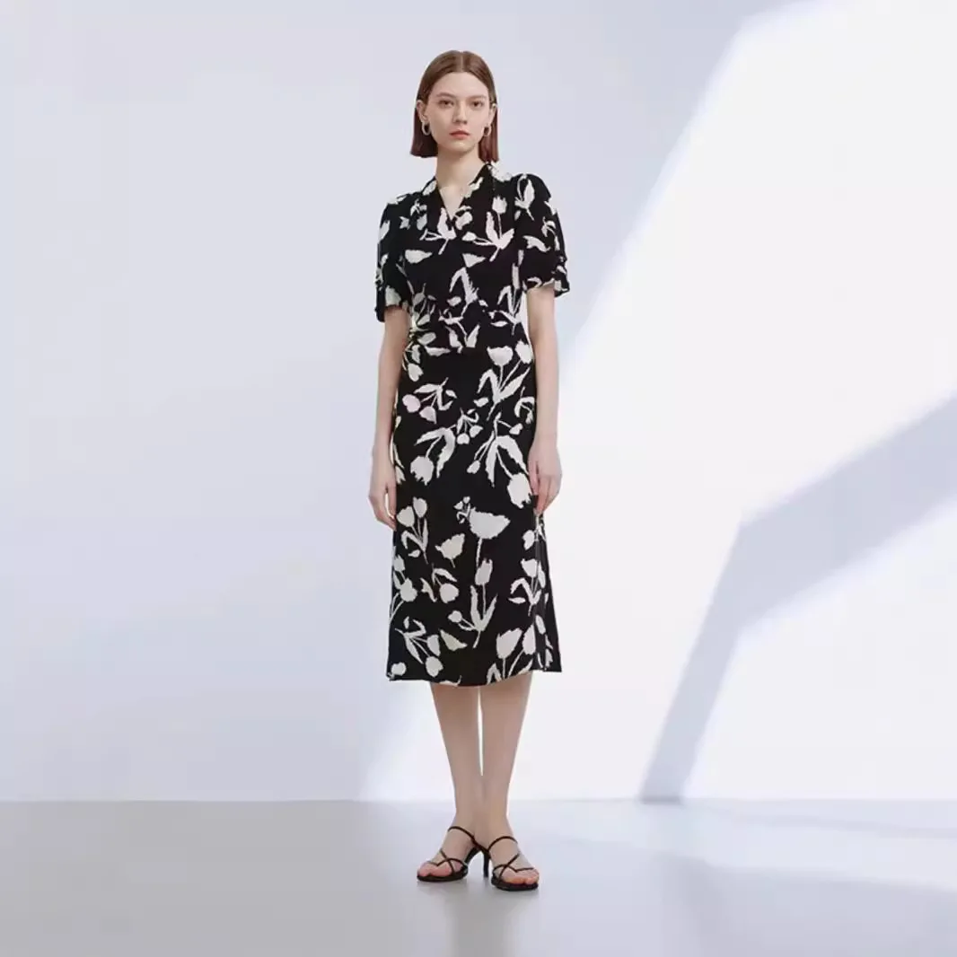 

French design wrap-up thin holiday dress spring and summer 202 new temperament printed skirt