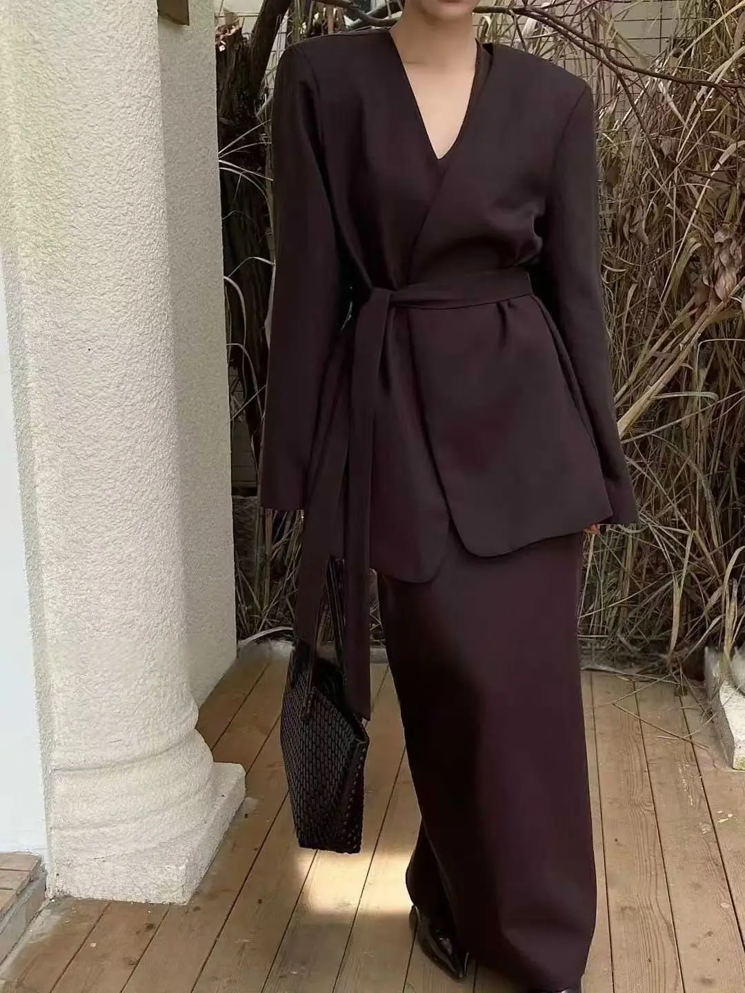 BJTZ Solid Color V-neck Blazer Jacket And Skirt Two Piece Set For Woman 2025 Spring Autumn New Trendy Lace-up Tie-waist Coat Set