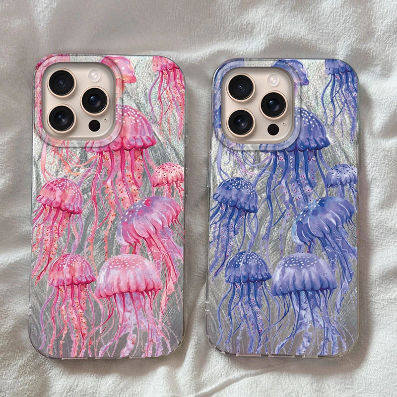 Super coole Vollbild-Handyhülle mit rosa Quallen für iPhone 16 15 14 13 12 Pro Max Plus 16E 7 8 SE 2020 2022 X XS XR Laserabdeckung