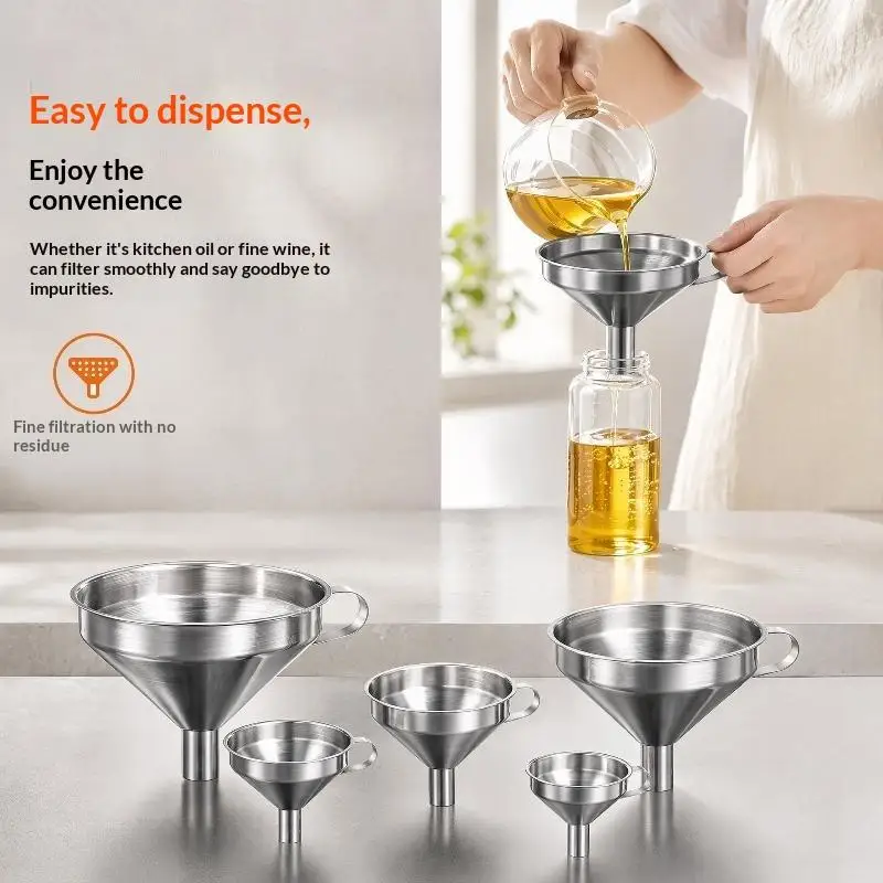 Leakproof Stainless Steel Funnel with Thickened Filter Strainer Sturdy Handle for Kitchen Oil Jam Liquid Transfer