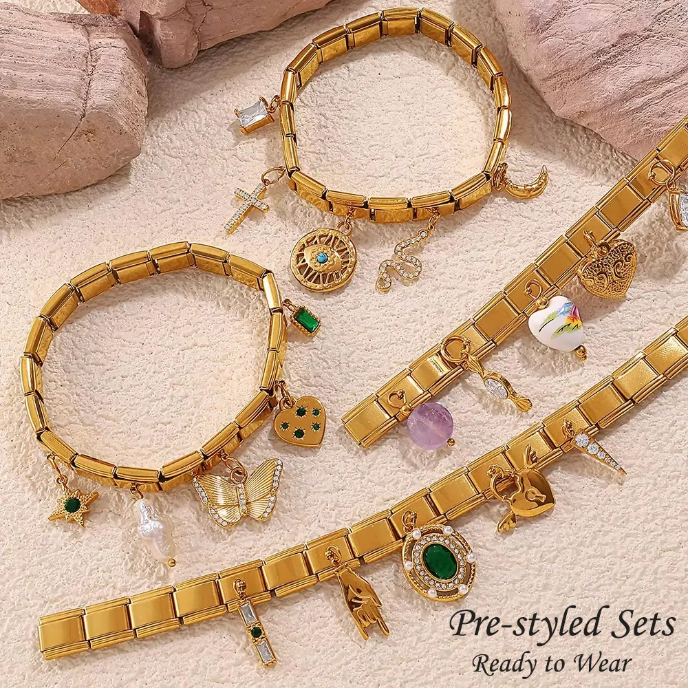 18K Gold Plated Italian Modular Bracelet Stainless Steel Elastic Watchband Style Customizable DIY Charm Links Women Gift Jewelry