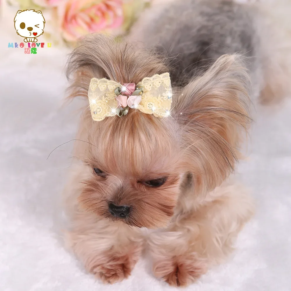 Teddy Poodle Pet Dog Flash Diamond Embroidered Lace Hairpin Hair Accessories