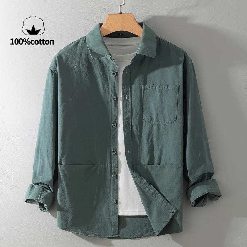 

100% Cotton Solid Color Loose Multi-pocket Men's Casual Long-sleeved Shirt, Breathable Autumn Leisure Jacket, Sweat-absorbing.