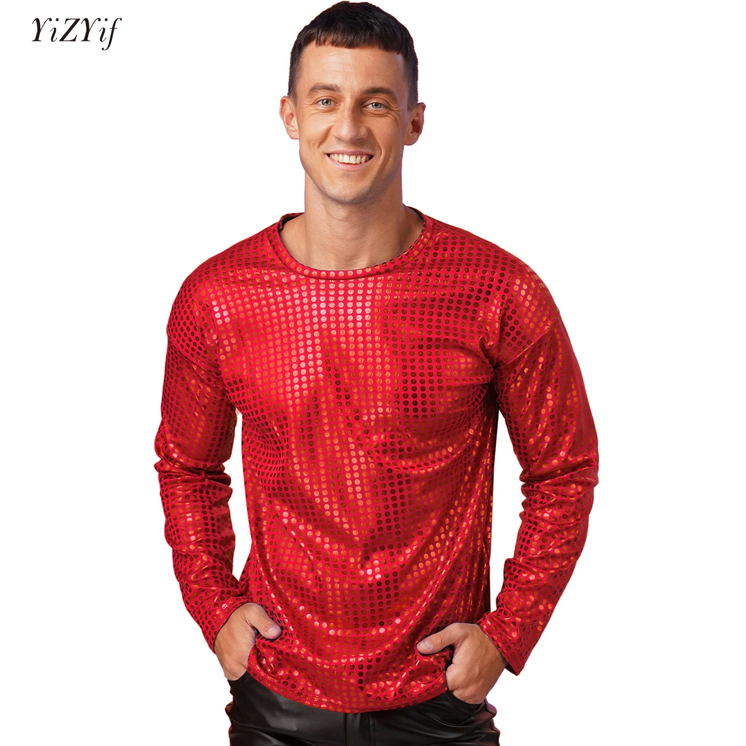 Mens Shirts Shiny Sequins T Shirts Nightclub Stage Costumes Long Sleeve Solid Shirt Top for Stage Performance Party Clubwear