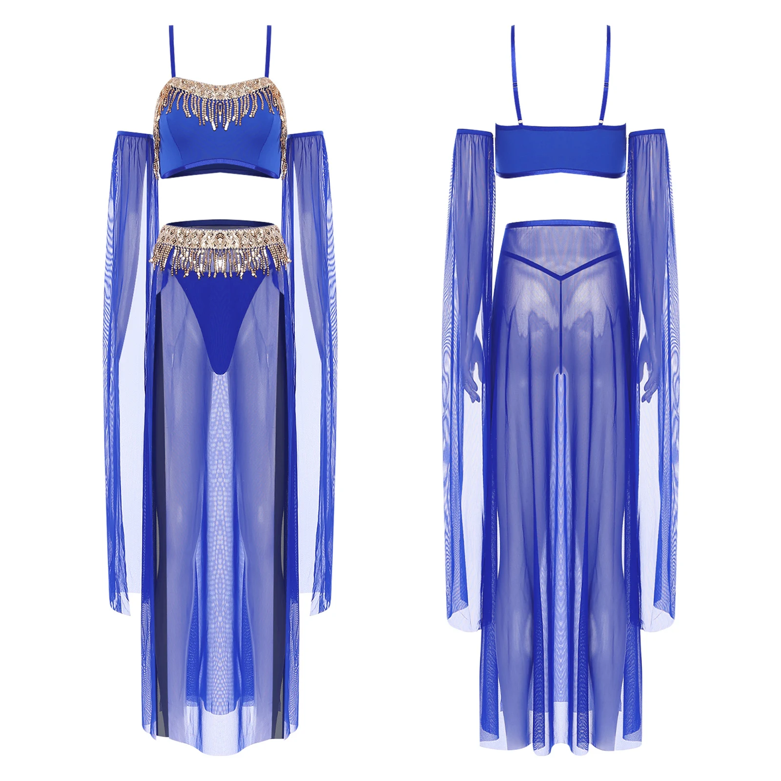 النساء ملابس رقص البطن الترتر شرابة المحاصيل الأعلى القابلة للإزالة كم شق ماكسي تنورة و T-الظهر 4 قطعة مجموعة للرقص القطب Dunhuang