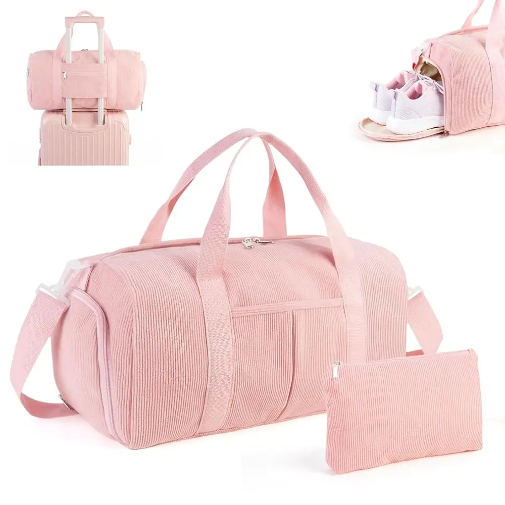 2PCS Cute Gym Bag for Girls, Corduroy Duffle Bag with Wet Pocket & Shoe Compartment and item bag, Duffle Bag for Travel, Spor