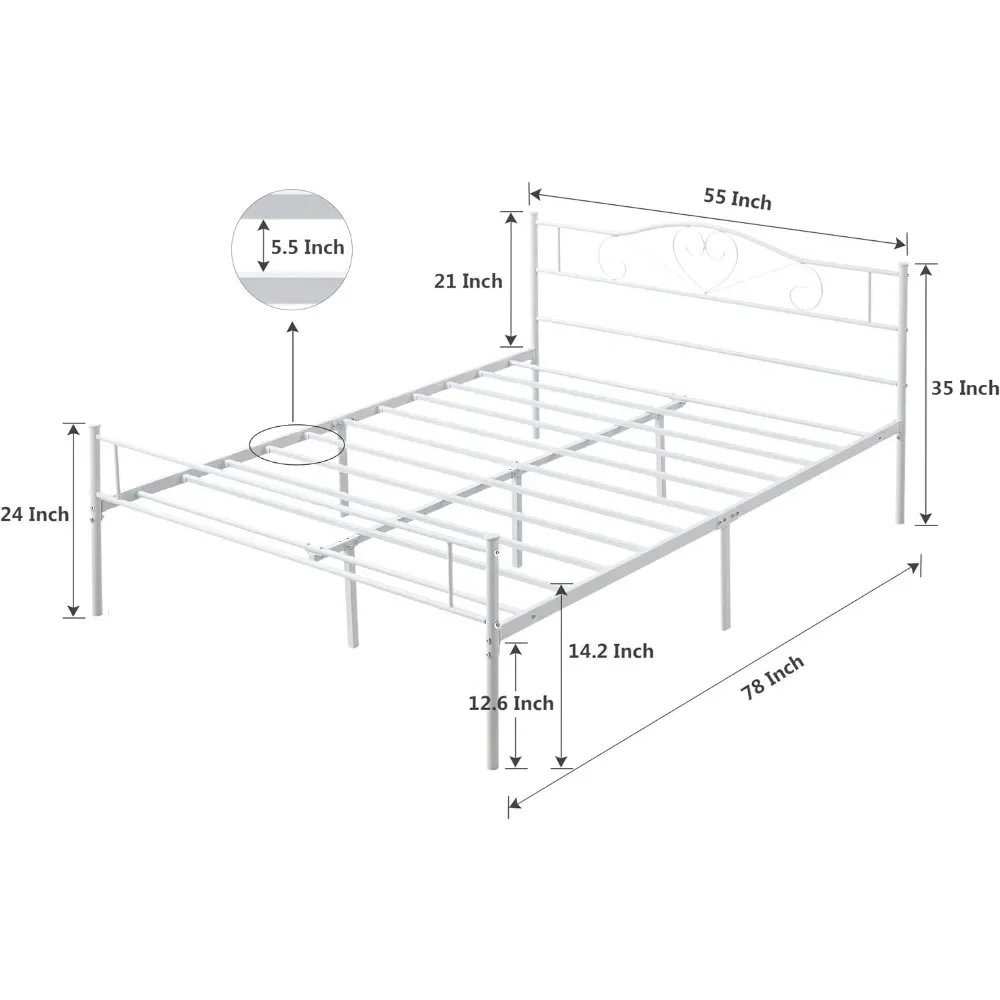 Cadre de lit à plateforme en métal avec planche de sauna, pied de lit, base de matelas résistante, support à lattes en acier, blanc, 14 po