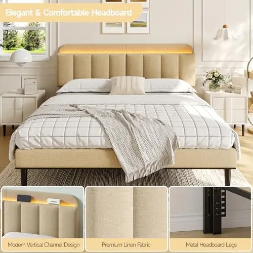 Adjustable Headboard for King/California King Size Bed Frame, Linen Fabric Bed Headboard with Storage & RGB LED Light - view 6