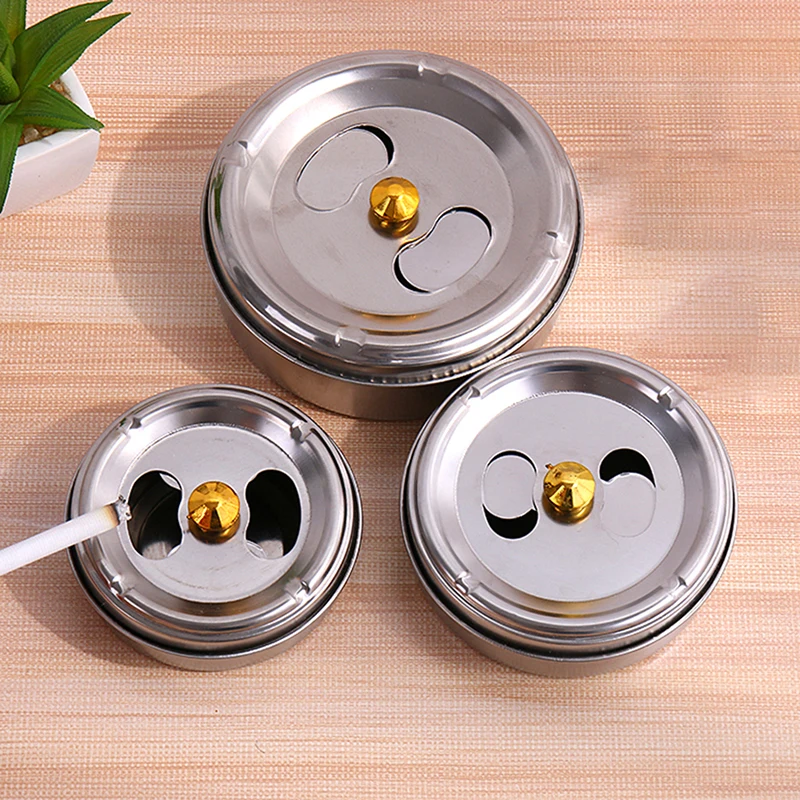 1pc Round Spinning Ashtray With Cover Smoking Accessories Portable Stainless Steel Ashtray Lid Rotation Fully Enclosed