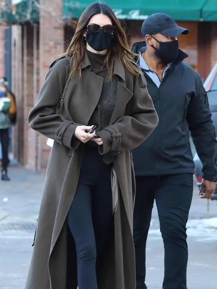 

Double-Sided Woolen Military Green Coat Kendall Style Loose Long-Length Windbreaker Ladies' Business Suit Long Sleeve Coat