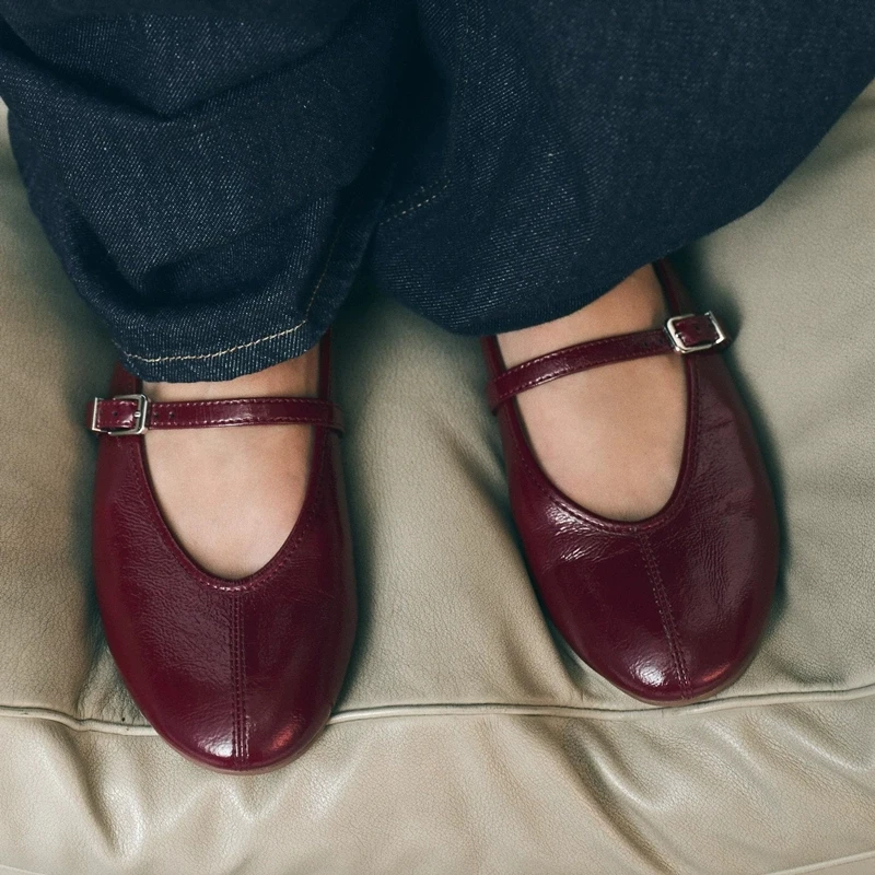 جديد إمرأة الباليه Flat oes النبيذ الأحمر براءات الاختراع والجلود تأثير مريح عادية تنوعا الشقق جولة تو المطاط تسولي #3