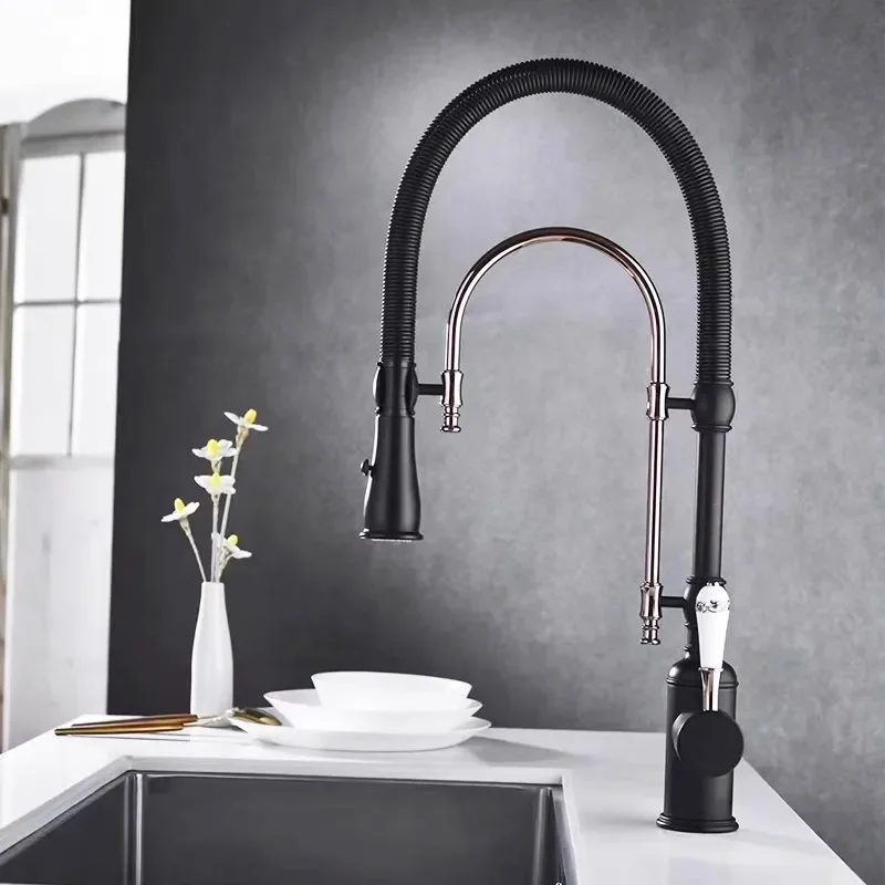 Tuqiu Black Kitchen Faucets Brass Gold Pull Down Sink Faucet Pull Out Sink Faucet Spring Spout Mixers Tap Hot Cold Water Crane