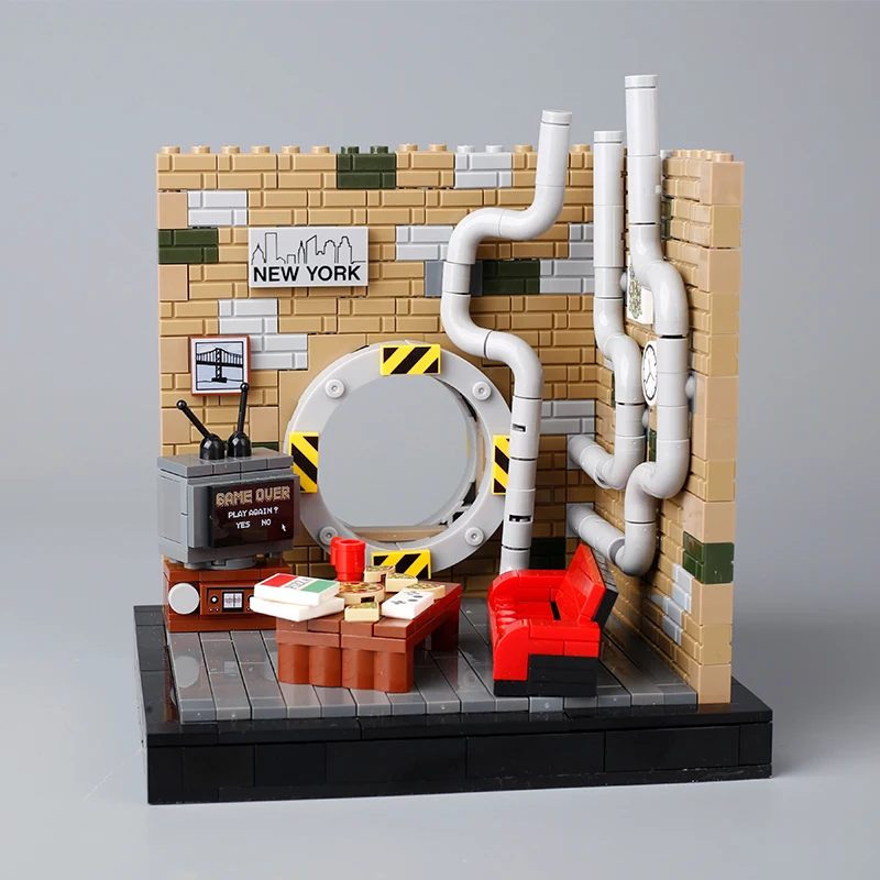 MOC Underground Pipelines Sewer Building Blocks Kit House Room Pizza Food TV Sofa Furniture Bricks Toys Boys Gift