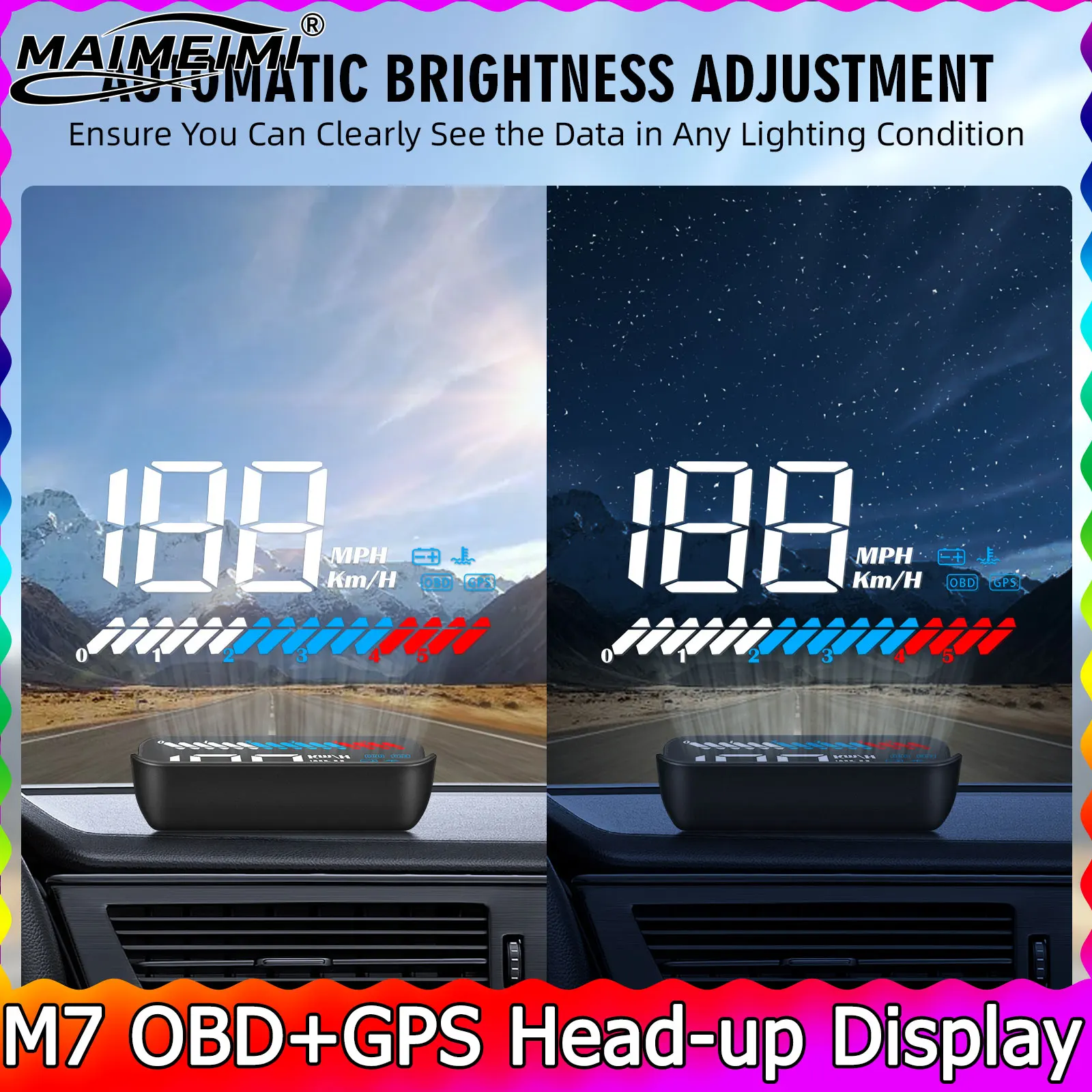 

Стеклянная проекция Проекционный дисплей M7 OBD2 GPS HUD Большой шрифт Приборная панель GPS Спидометр Об/мин Сигнализация превышения скорости напряжения