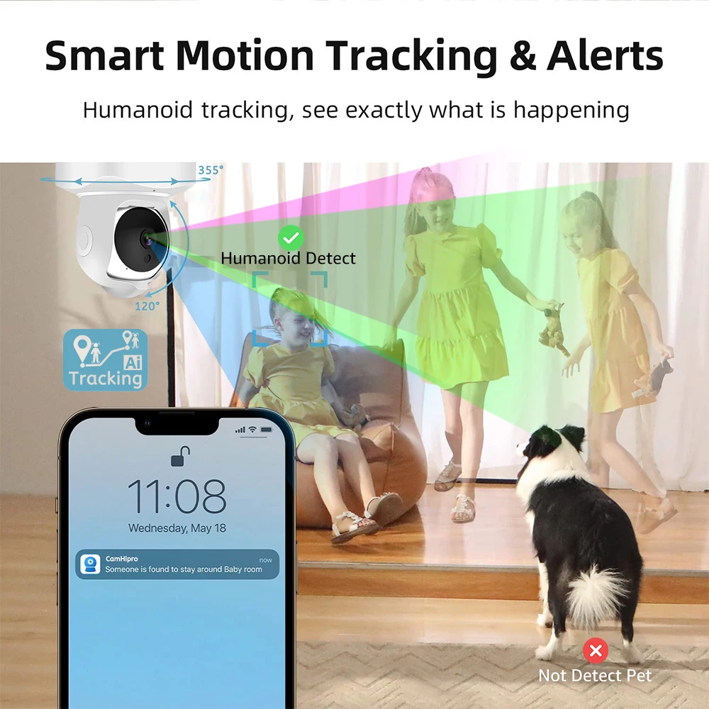 Câmera interna para segurança doméstica, câmera de bebê com visão noturna, câmera pet 360 °, detecção de movimento, áudio bidirecional, WiFi 4MP