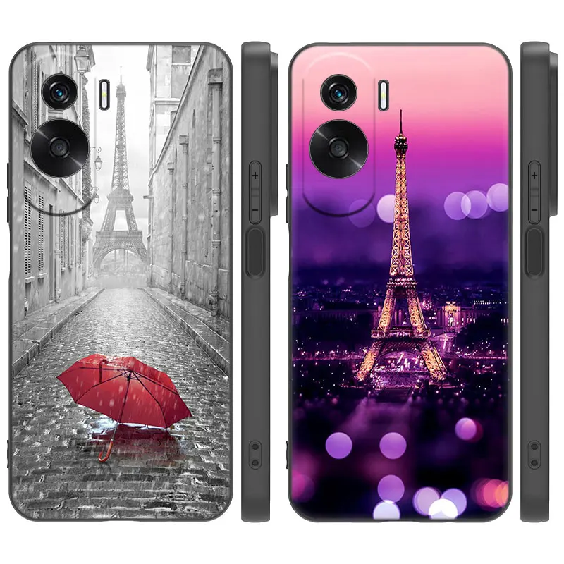 Paris Eiffel Tower Cartoon Cover Black Phone Case For Honor X5 Plus X6 X7 X8 X6A X6S X7A X8A X9A X9B 70 90 Lite X30i X40i X50i