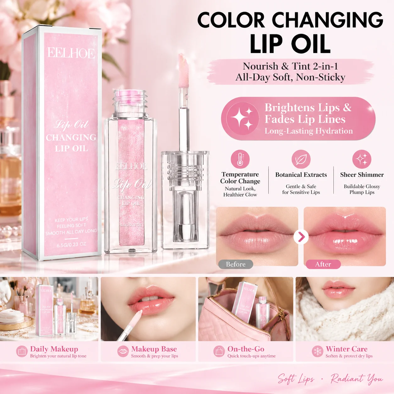 Nourishing Lip Oil Pink Magic Lip Gloss Botanical Lip Care Moisturizing Lip Balm Smooth Dry Lips Avocado oil Portable Mini Size