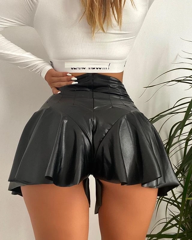 Sexy  A-Line ort Skirt Pants Leather Ruffle Hem Skirt Super Sexy Leather orts Women's Casual Pants PU Material