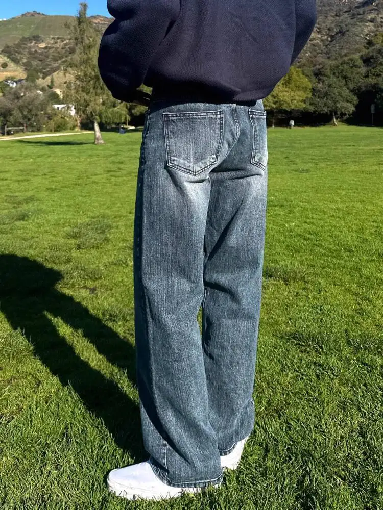 SYUHGFA 2025 الشتاء الكورية نمط الرجال سراويل جينز غسلها التباين اللون أسفل مستقيم واسعة الساق فضفاض الذكور الجينز كلينفيت #4