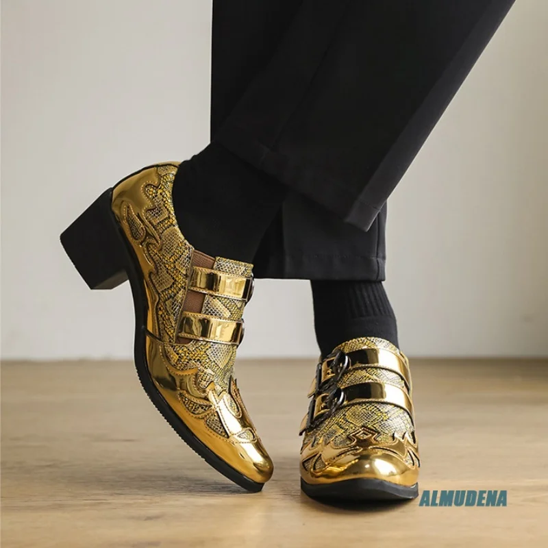 Gold Metallic Pointed Toe Block Heel Shoes Men's Sequin Pattern Street Style Urban Minimalist Party Wedding Dress Shoes