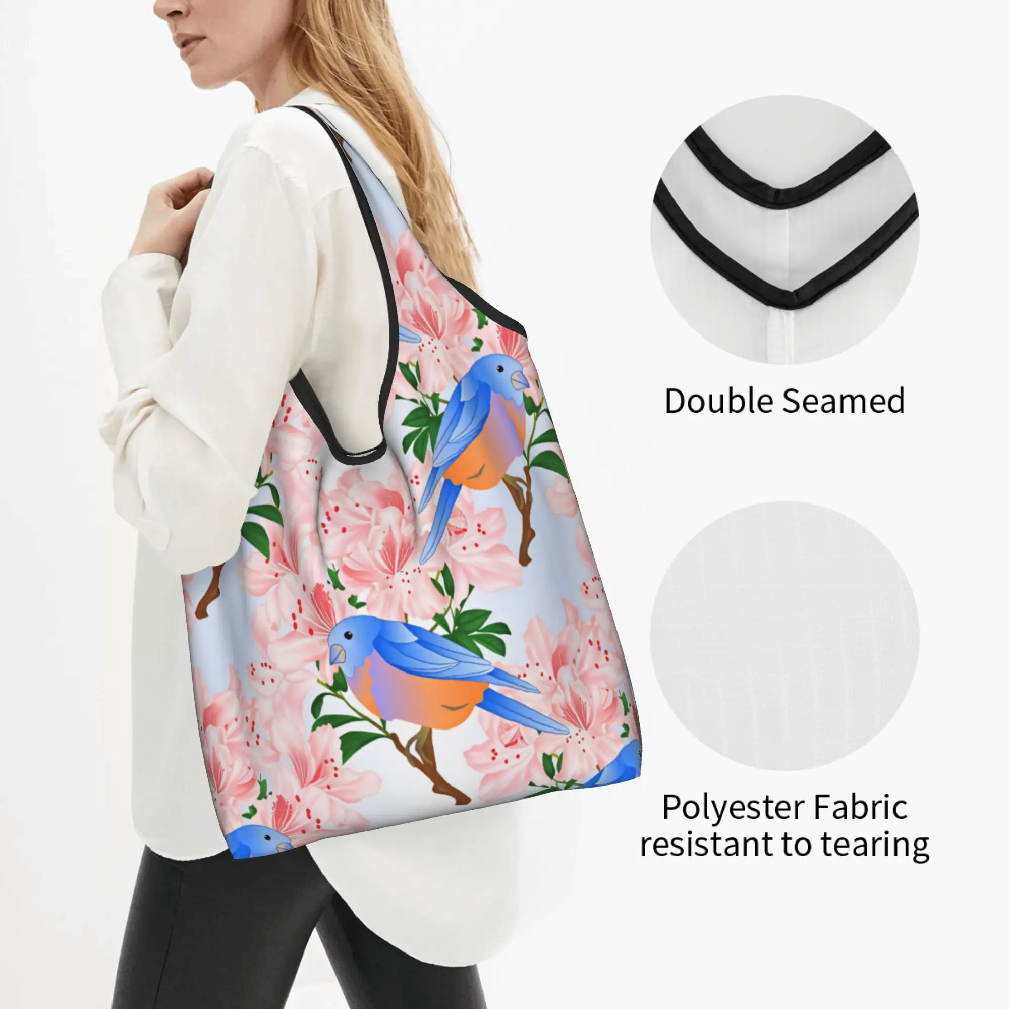 Reusable Luxury Watercolor Birds And Plant Flowers Shopping Bag Women Tote Bag Portable  Grocery Shopper Bags