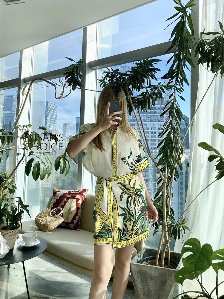 Set Rok dan Atasan Wanita Susan Australian Holiday Sle Retro Yellow Print Linen Loose Fit
