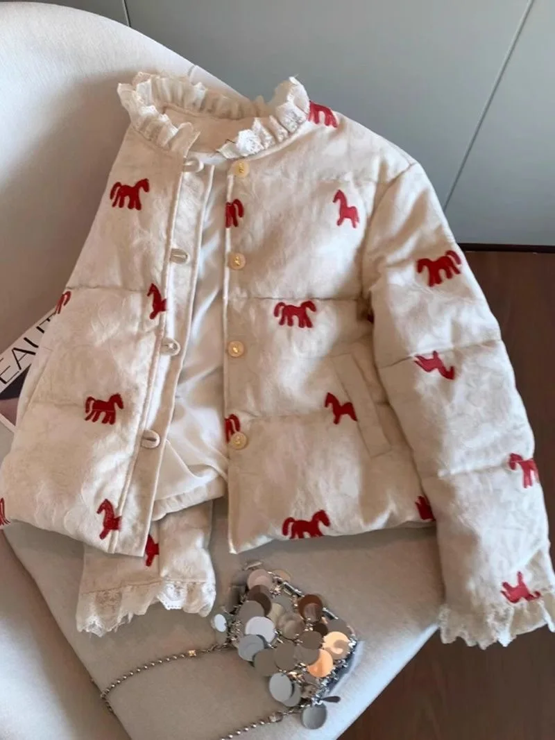 

Korean Sle Long Sve Lace Patchwork Women's Cotton Jaet Winter Warm Commuter Anti-Aging Single Button New Sle All-Match