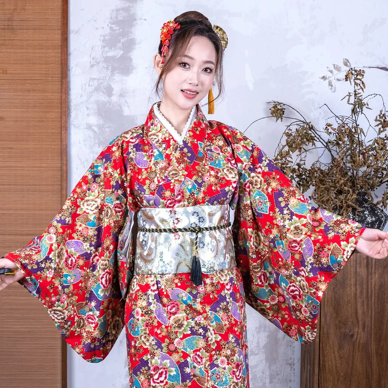 

Peony Fan Red Kimono Japanese Script Kill Material Store Women's Season Photography Improved Bathrobe