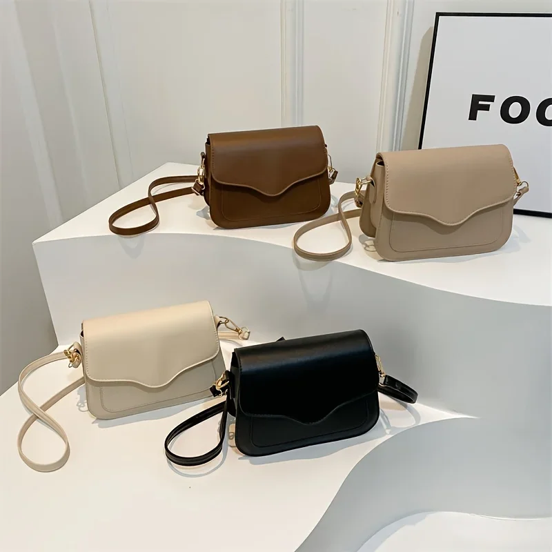 

New Women Square Saddle Mini Bag Solid Color Synthetic Leather Shoulder Crossbody Bag Buckle Closure Versatile Small Square Bag