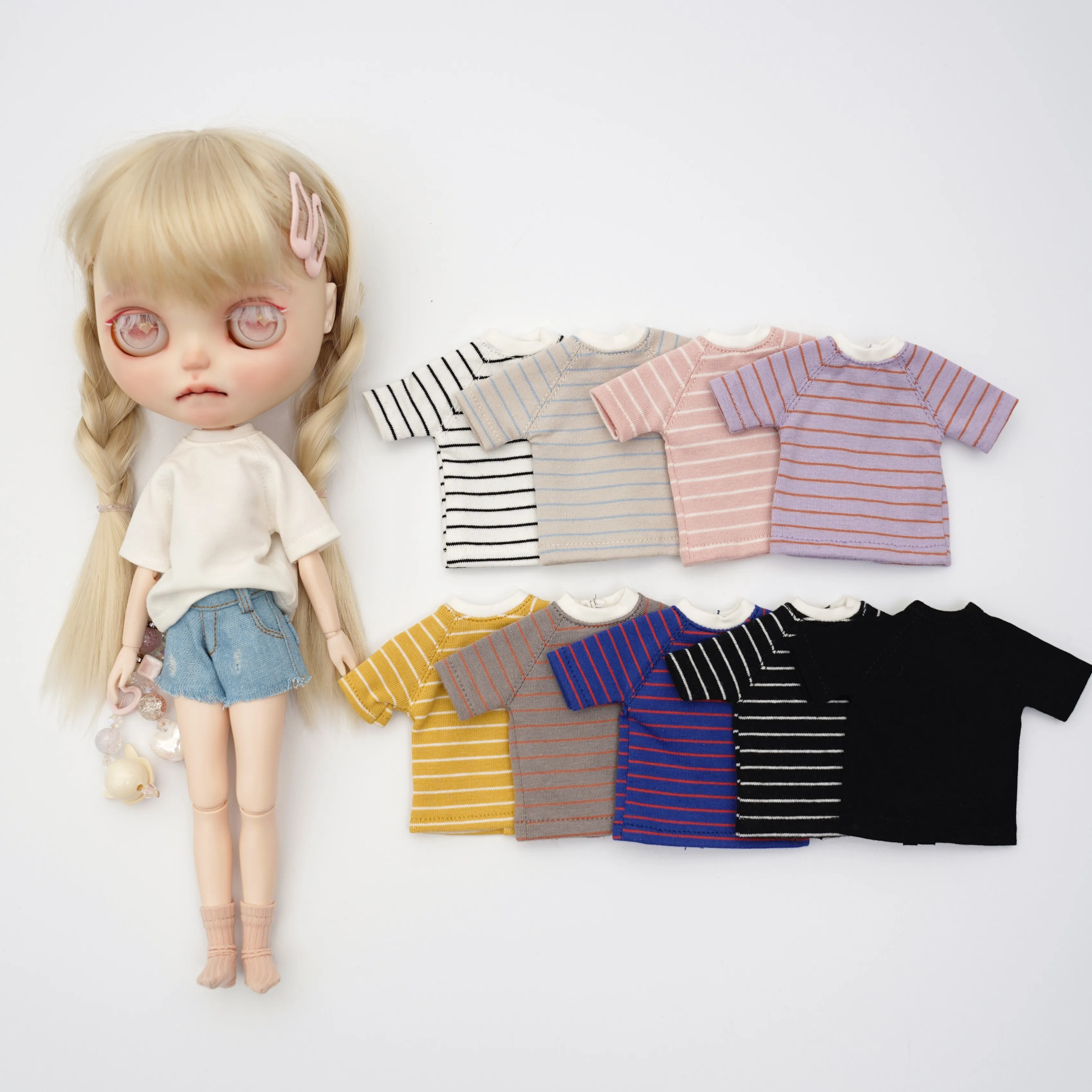 Blythe boneca roupas acessórios de manga curta t ob24 ob22 ob26 azone pequeno pano boneca roupas bjd 6 pontos camiseta listrado topo