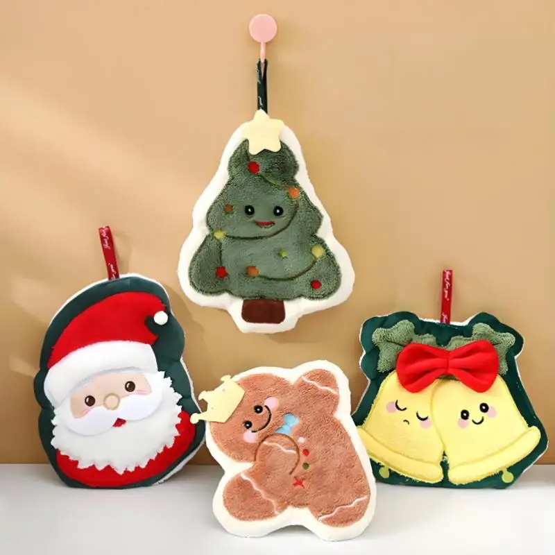 Coral Fleece Christmas Santa Claus Hand Towels Water Absorption Quick-drying Hand Towel Christmas Tree Bell Kitchen Bathroom