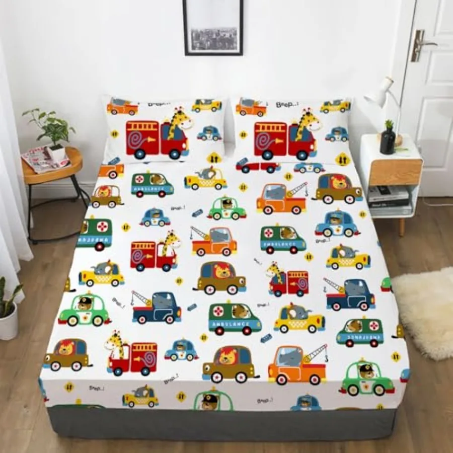 

Sheets Set Size for Boys Girls-Cartoon Bedding Set Construction Fire Excavator Police Ambulance Lion Dog Elephant Bed Set Colou