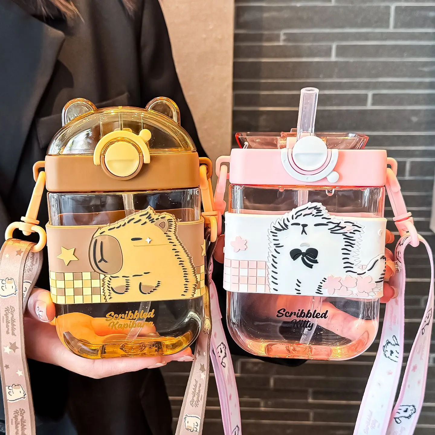 470ml cute kids cartoon Capybara double drink warehouse plastic square  water bottle Portable Outdoor kapibala Water Bottle