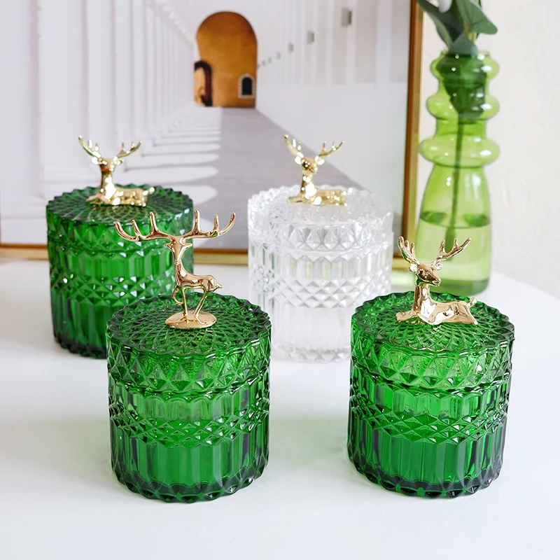 

French Elk Glass Storage Jar Luxury Green Jewelry Cotton Swab Box Desktop Small Object Aromatherapy Candle Bottle Decor