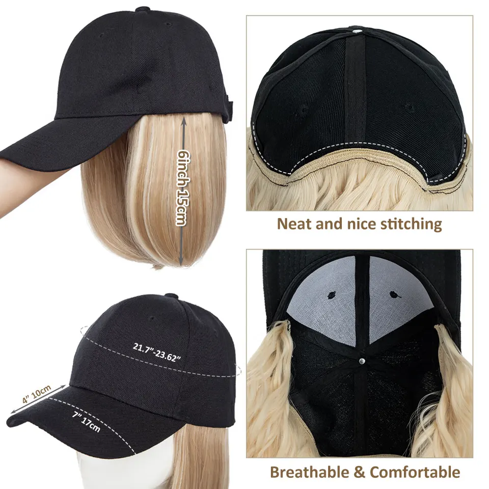 Gorra de béisbol con extensión de cabello sintético lacio bob corto, ajustable y removible, 6 pulgadas 6