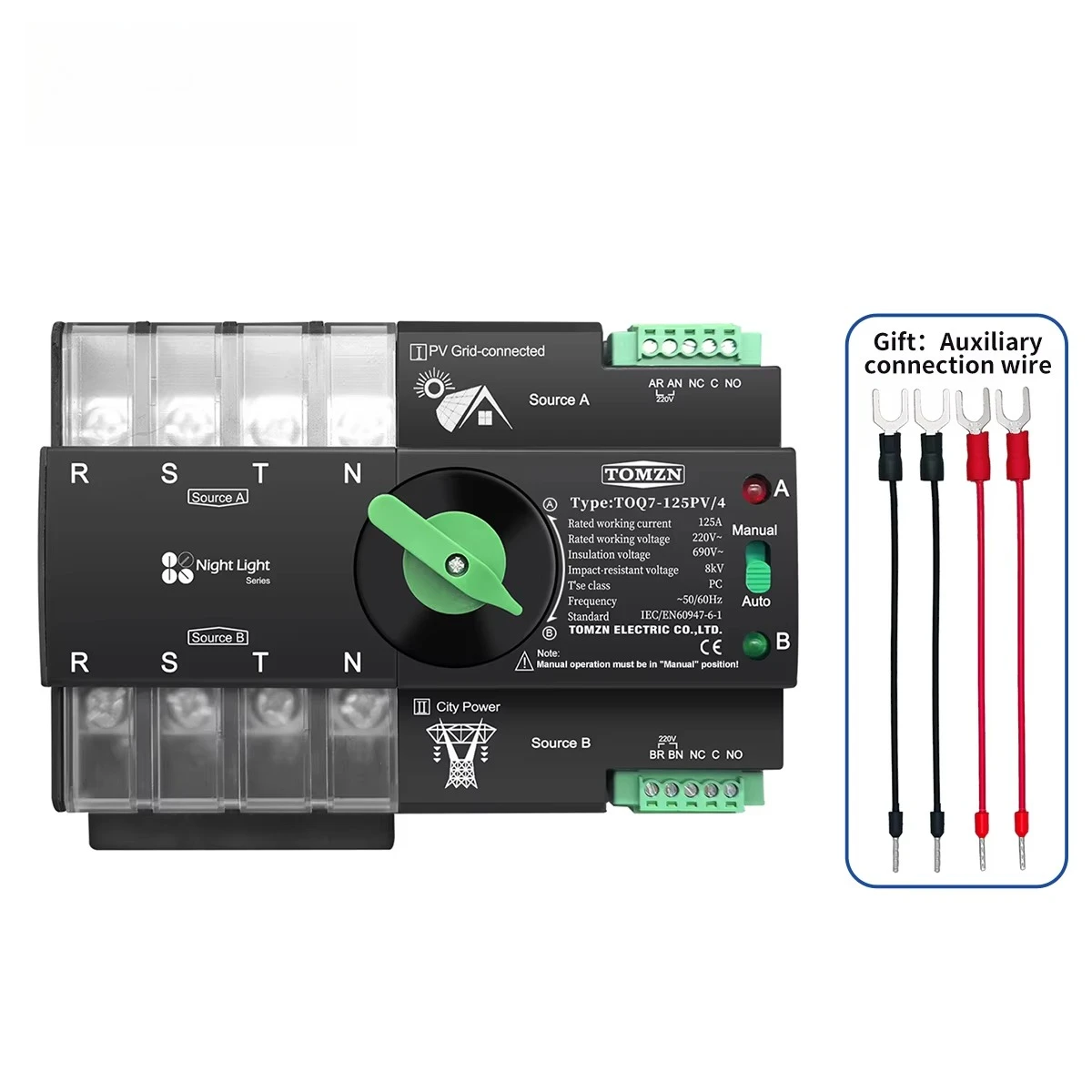 

TOMZN 4P TOQ7 PV 230V 63A 100A 125A Din Rail 3 phase ATS Dual Power Automatic Transfer Electrical Selector Switch Uninterrupted