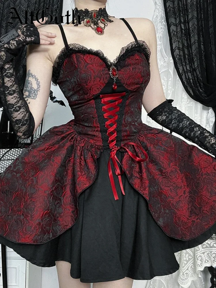IMU Dark Gothic Lolita Dress Women Halloween Vintage High Waist Lace Patchwork Red Rose Jacquard Dresses Cosplay Partywear