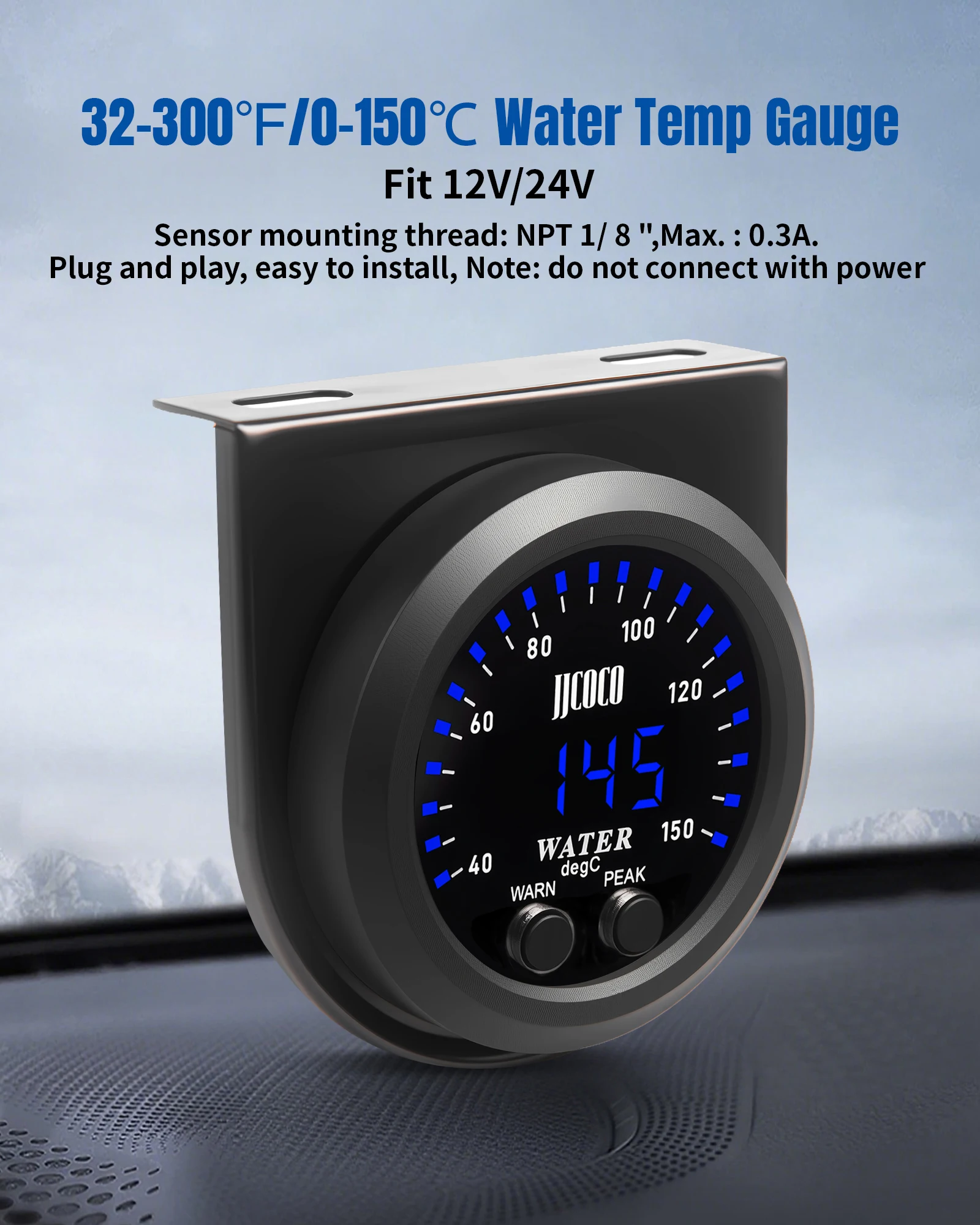 Universal 52MM DC 12v Water Temperature Ultra-thin Gauge With 1/8Npt Sensor Car Digital Meter Temp 40~150C & Brackt