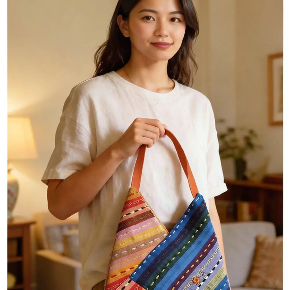 Geometric Patchwork Triangle Tote Handbag Boho Style Fabric Shoulder Bag Stylish Casual Commuter Purse